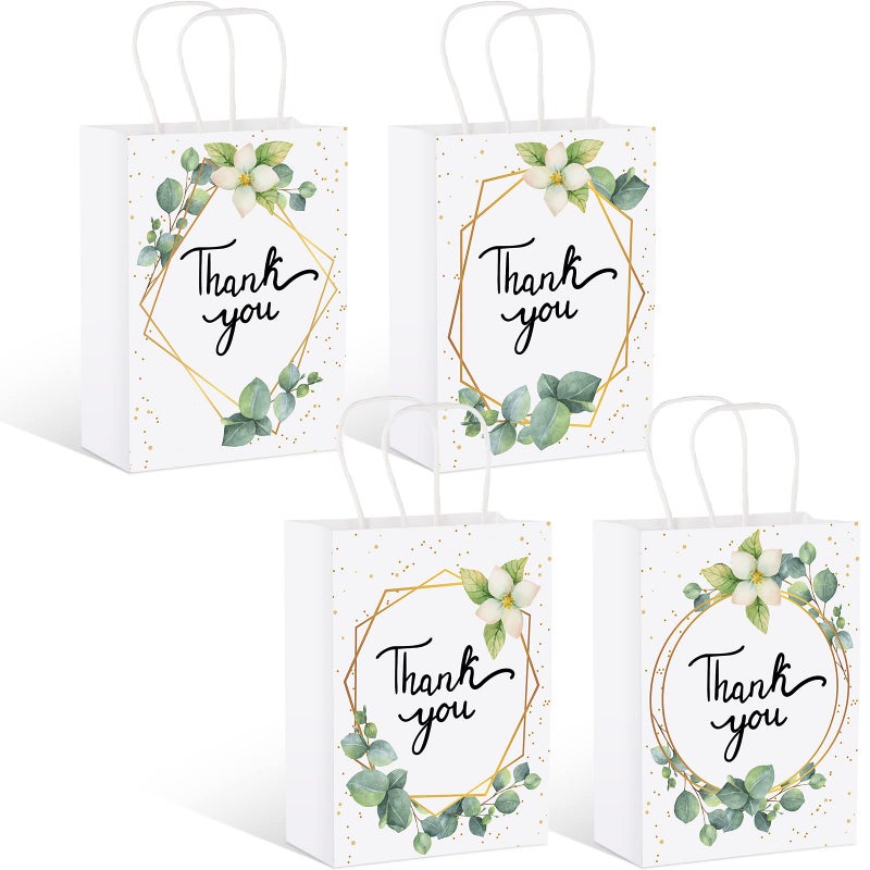 TaoBary Greenery Eucalyptus Small Thank You Bags Floral Design Paper Gift Bags with Handles Baby Shower Favor Bags Thank You Wedding Bags White Kraft Paper Bags for Birthday Party  6.3 x 3.1 x 8.7'' (48) - Image 1